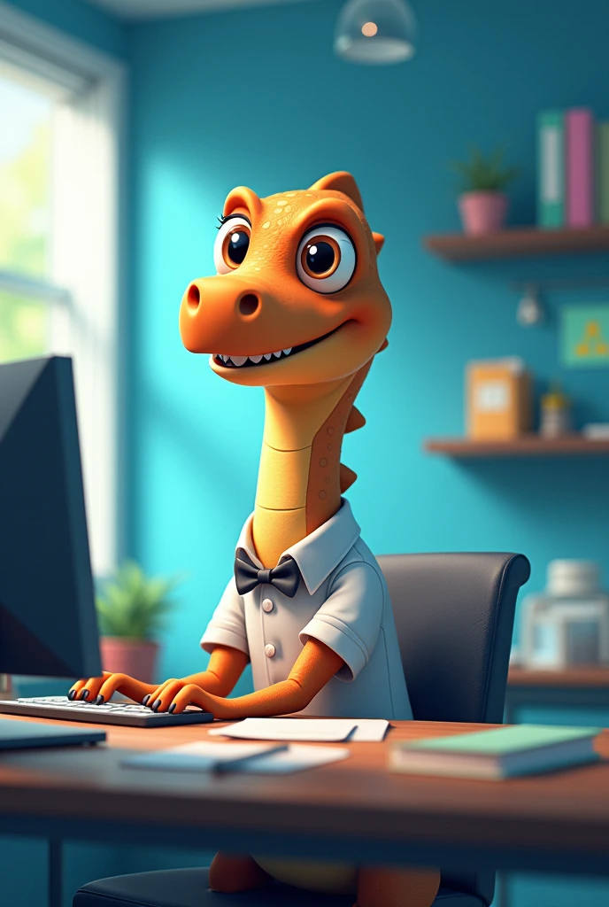 create a cute dinosaur working with marketing in the office with blue colors disney style