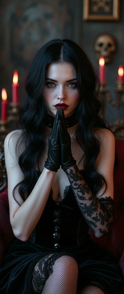 a beautiful dark gothic woman,1girl,dark raven hair,pale skin,intense eyes,full lips,seductive expression,black velvet dress,lace trim,fishnets,leather corset,leather gloves,scarlet and purple accents,occult symbols,praying, dramatic lighting,dark moody atmosphere,cinematic composition,(best quality,4k,8k,highres,masterpiece:1.2),ultra-detailed,(realistic,photorealistic,photo-realistic:1.37),dark fantasy,gothic,dramatic,chiaroscuro lighting,dramatic,moody,atmospheric