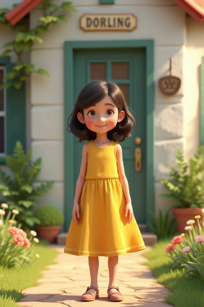 A girl wearing yellow sleeveless frock standing outside a house with address written in name plate was dorling number 46