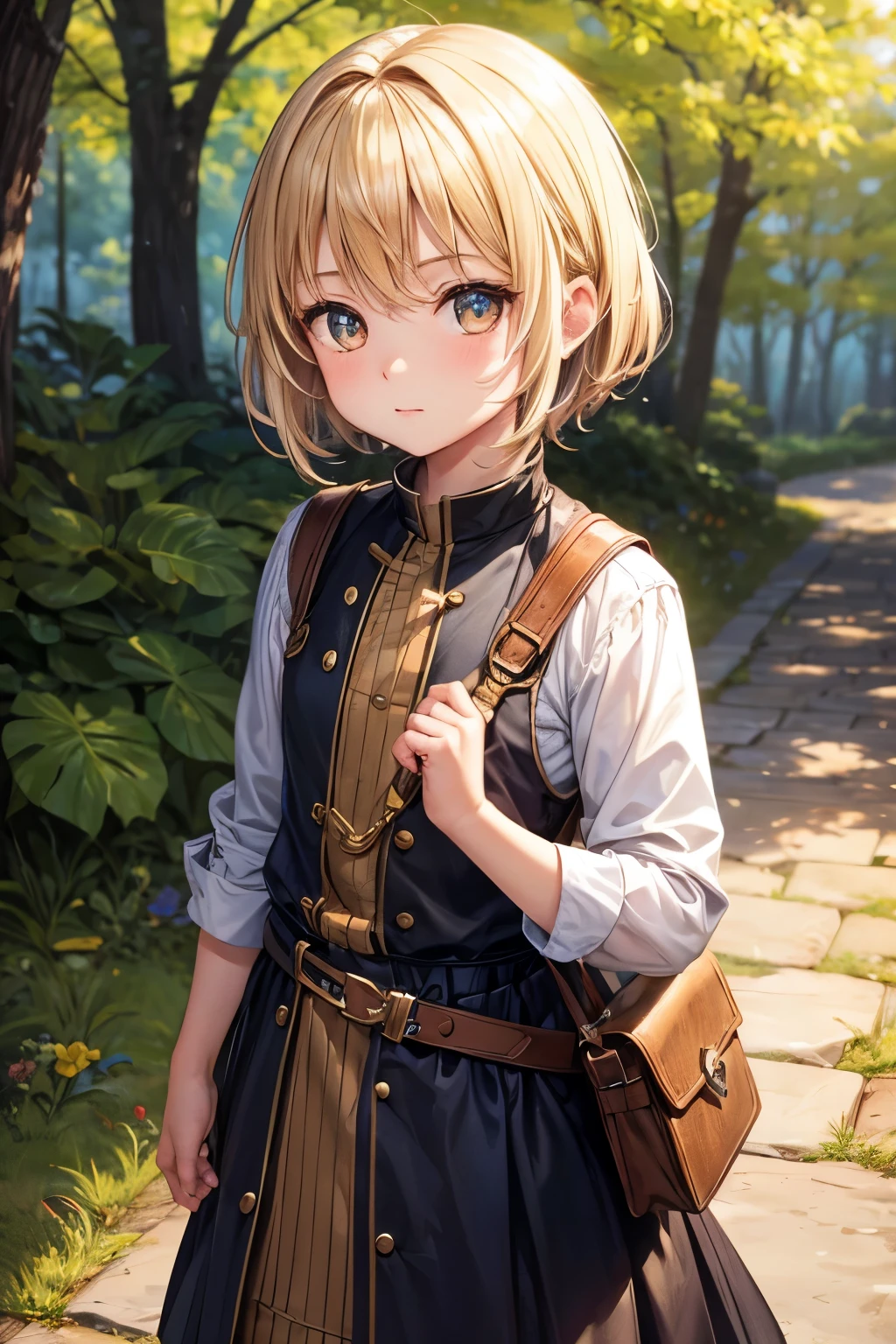 , girl, short blond hair, golden eyes, adventurer