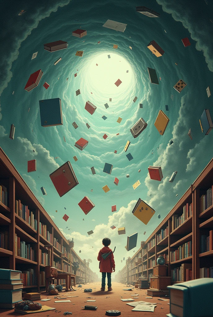 A movie poster, with a hole seen from above, with falling objects, like clockwork, textbooks, cabinets, tables and etc..   And playing cards 