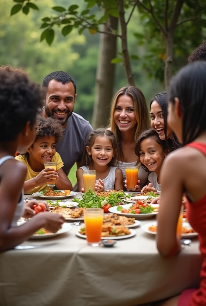 realistic photo of a Brazilian family with several people from different backgrounds, naughty man ,Women and children, no juice on the table, having lunch and happy, table without glasses and bottles of salad dressing and hot sauce