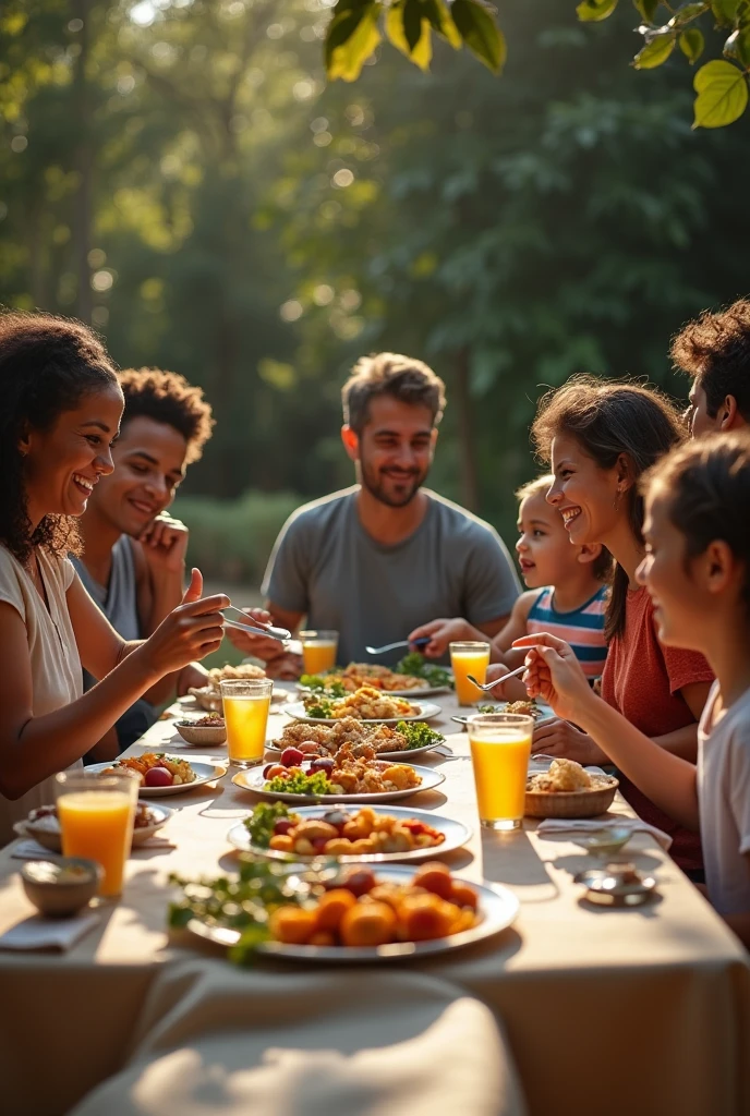 realistic photo of a Brazilian family with several people from different backgrounds, naughty man ,Women and children, no juice on the table, having lunch and happy, table without glasses and bottles of salad dressing and hot sauce