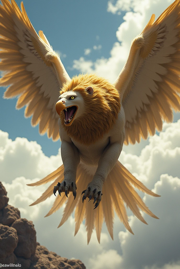 Lion + Eagle A majestic creature with the powerful body of a lion and the impressive wingspan of an eagle. It has a golden mane and sharp talons, enabling it to soar through the sky and strike with precision. --ar 9:16
