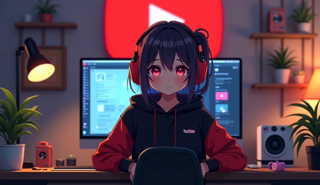 Create a image of "A 18 years anime girl with headphones sitting in front of a computer desk with a microphone, wearing black and red hoodie. The background includes a large YouTube logo on the wall, potted plants on either side, and various recording equipment."