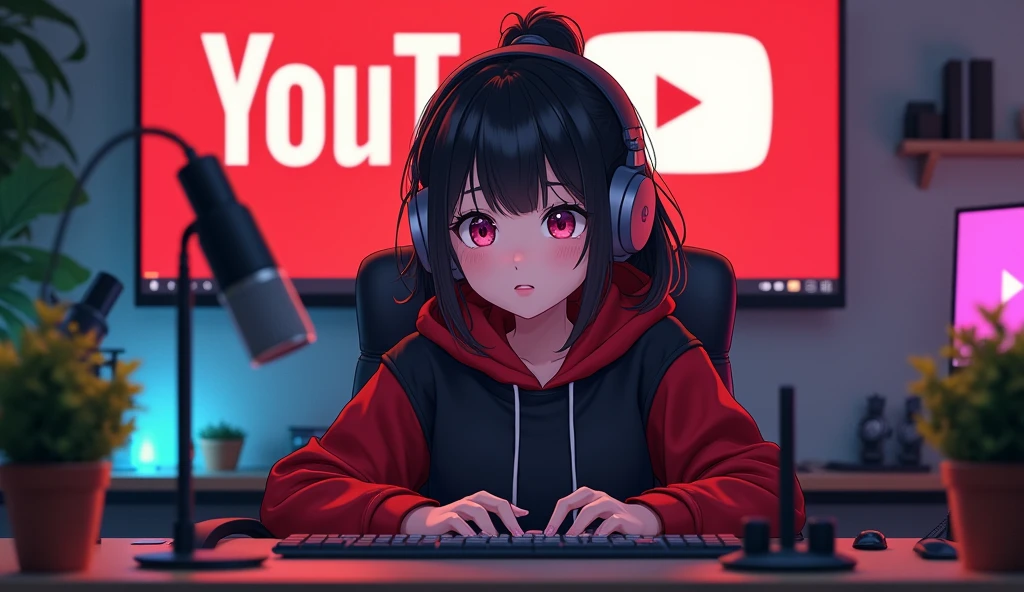 Create a image of "A 18 years anime girl with headphones sitting in front of a computer desk with a microphone, wearing black and red hoodie. The background includes a large YouTube logo on the wall, potted plants on either side, and various recording equipment."