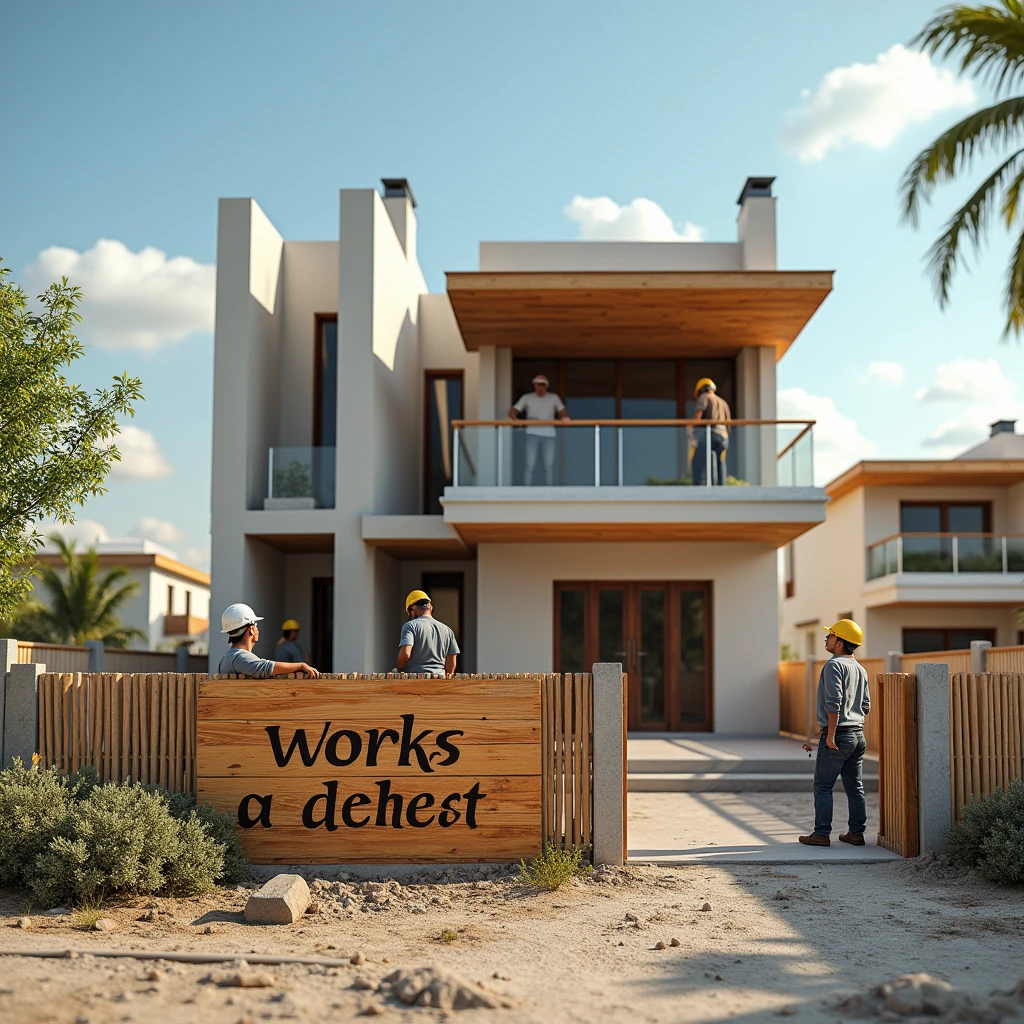 men building a modern house, the house that looks half built, so that the neighboring houses can be seen in the background, and in front you can see a wooden sign with the text "Works of the South", on a sunny day , with few clouds. that it is a realistic image and the typography in Spanish