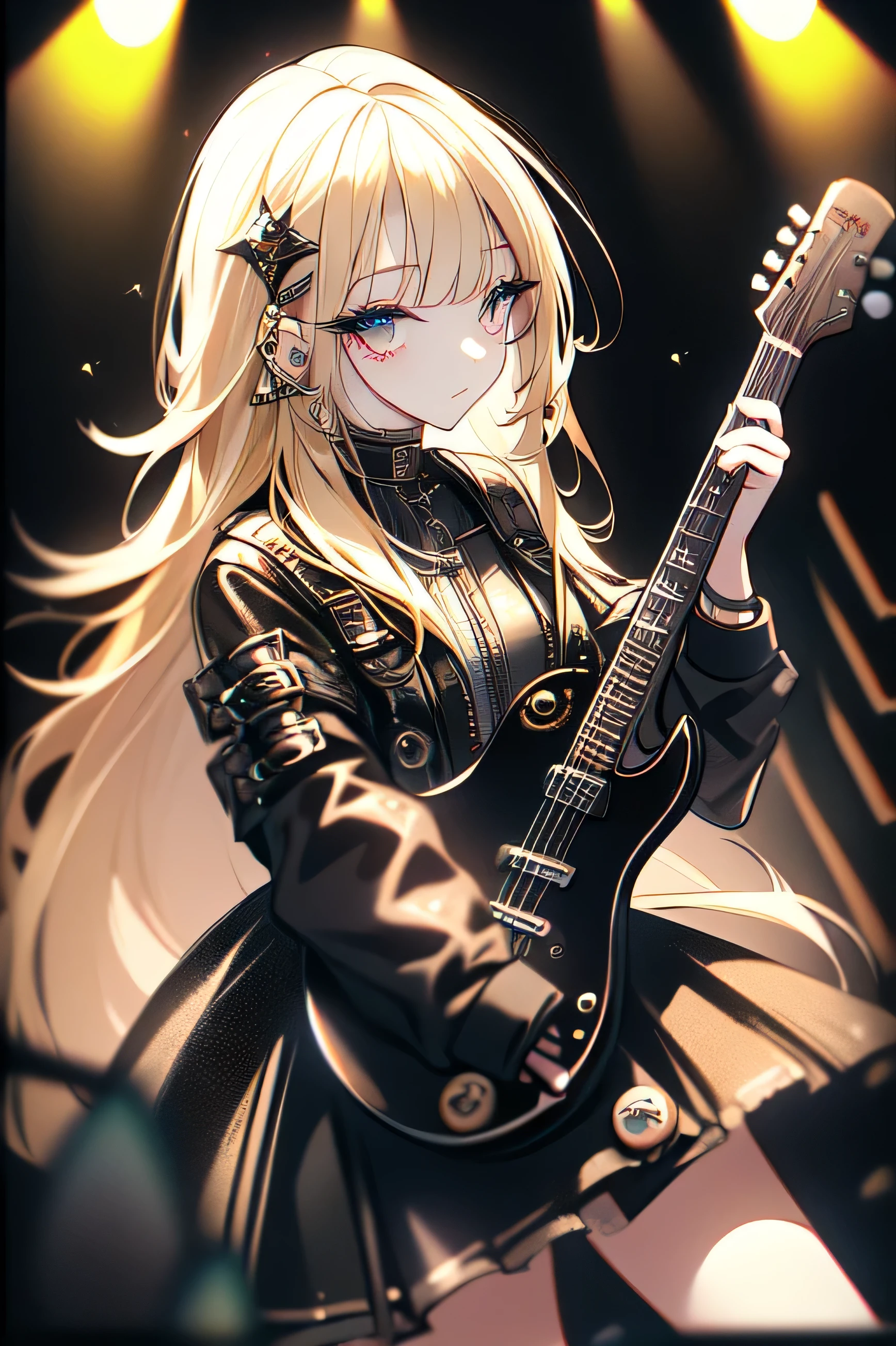 High quality images、masterpiece、4K.Illumination、Reality、Blonde bob long hair、Punk style leather jacket、Long Skirt、Playing electric guitar、Big eyes、Ugly eyeshadow、On stage in the spotlight