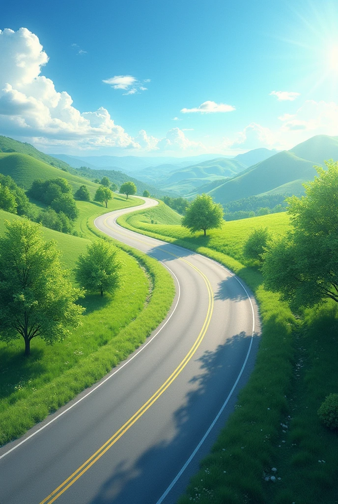 Top view of a curved road on a sunny day