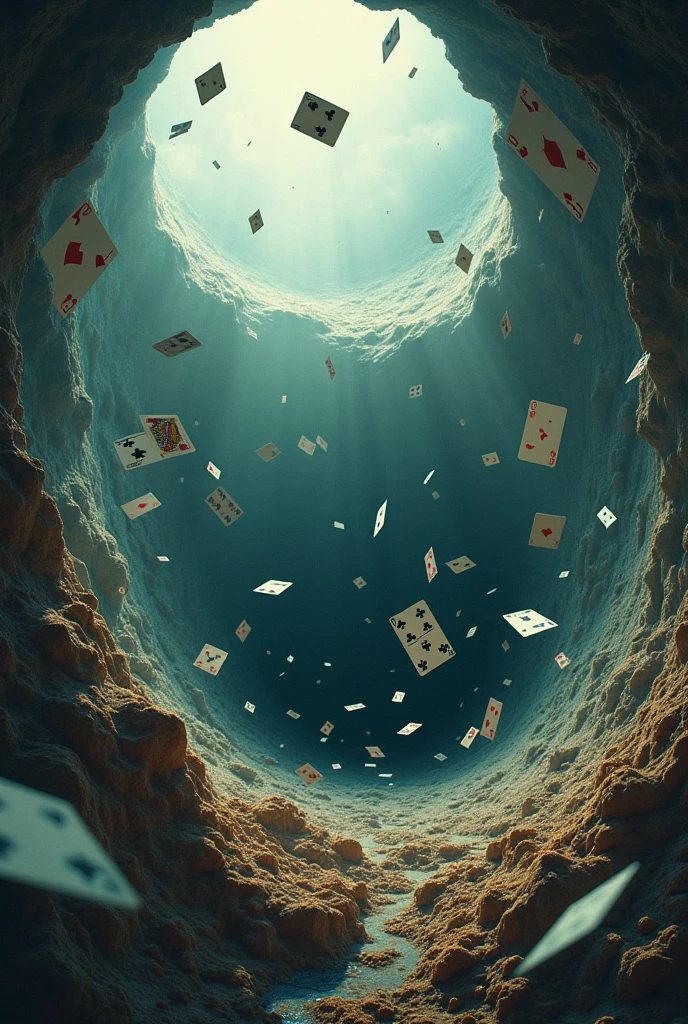 A movie poster, with a hole in the ground seen from above, with falling objects, like clockwork, textbooks, cabinets, tables and etc.. And playing cards