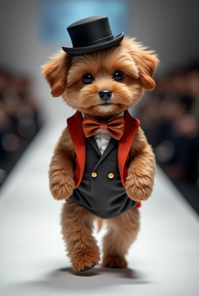 Create a scene where an adorable purebred puppy is dressed in a fashionable outfit using a stocking and bow tie in the latest color, and a top hat on his head in fashionable couture and a matching hat on his head as he walks confidently down the runway, smiling, showing off his ultra-realistic fashion sense. camera in motion