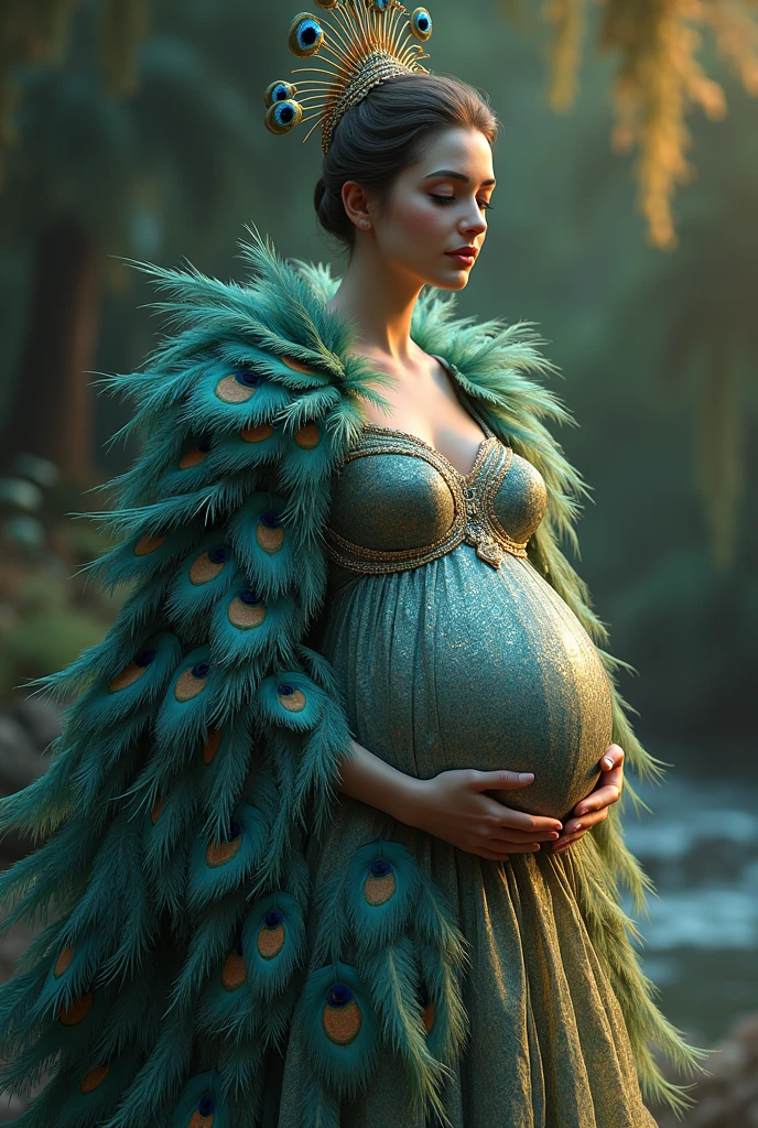 Make a realistic peacock with humanoid features of a pregnant woman, full body shot dress should be look like make peacock feather . hig hress image . with dress maching background