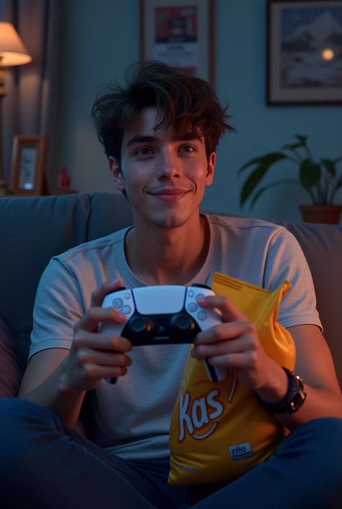 young man with Playstation 5 controller in his hand and a bag of chips standing next to him