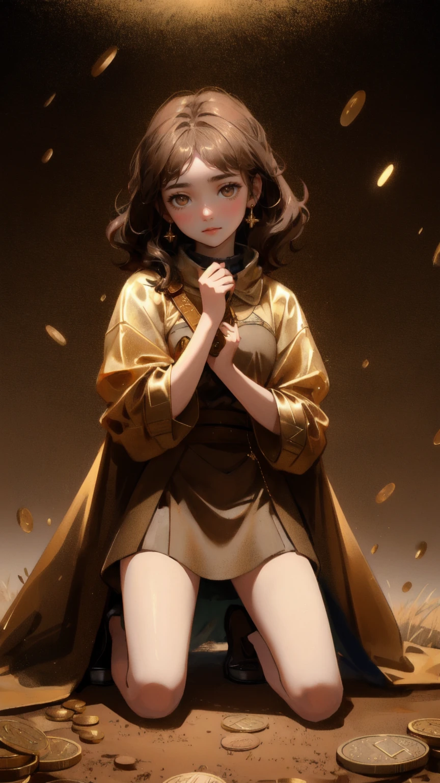 A cute, beautiful girl with wide, frantic eyes, kneeling on a brown, barren landscape. Gold coins and tokens rain down around her as she desperately tries to gather them in her hands. The scene embodies 'Airdrop Addiction,' with the stark brown background emphasizing the overwhelming chaos of the falling wealth.