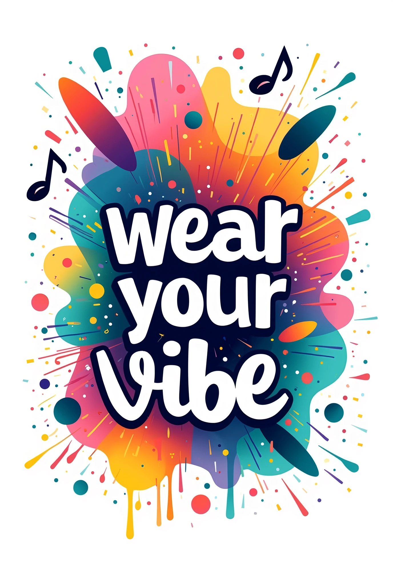 Create a vibrant and energetic vector-style artwork for a T-shirt with the theme "Wear Your Vibe," set against a clean white background. The design should express individuality and positive energy, incorporating abstract, fluid shapes and elements like music notes, splashes of color, or geometric patterns that radiate from a central point, symbolizing the spread of one's personal vibe. The text "Wear Your Vibe" should be creatively integrated into the design, using a modern, bold font with a playful twist. Utilize a gradient color palette with bright, uplifting tones such as teal, pink, yellow, and purple, ensuring the colors pop against the white background. The overall look should be dynamic, visually appealing, and suitable for screen printing, with smooth lines, clear shapes, and a focus on making the design stand out on the white background.