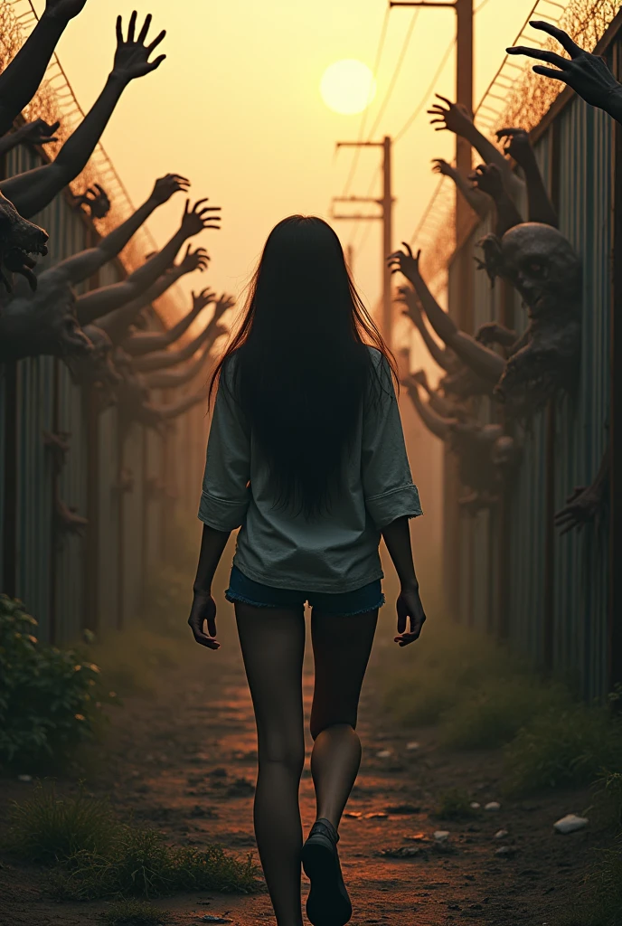 A Thai girl with long hair reaching her mid-back is walking forward, with zombies clinging to a fence behind her and reaching out their arms towards her. The scene is set just before sunrise, capturing a sense of urgency and fear. Use intense color grading and a mix of close-ups and wide shots to convey the dramatic atmosphere.