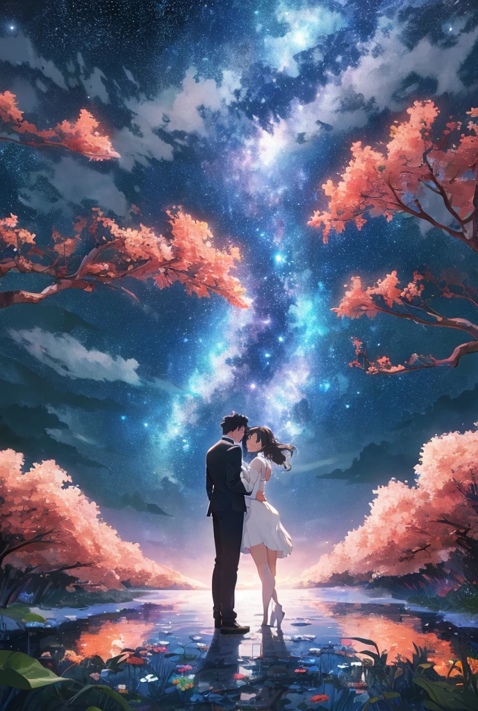 Back view、Ultra Wide Angle、Male and female couple、Starry Sky、full moon、flower、Highest quality, 
