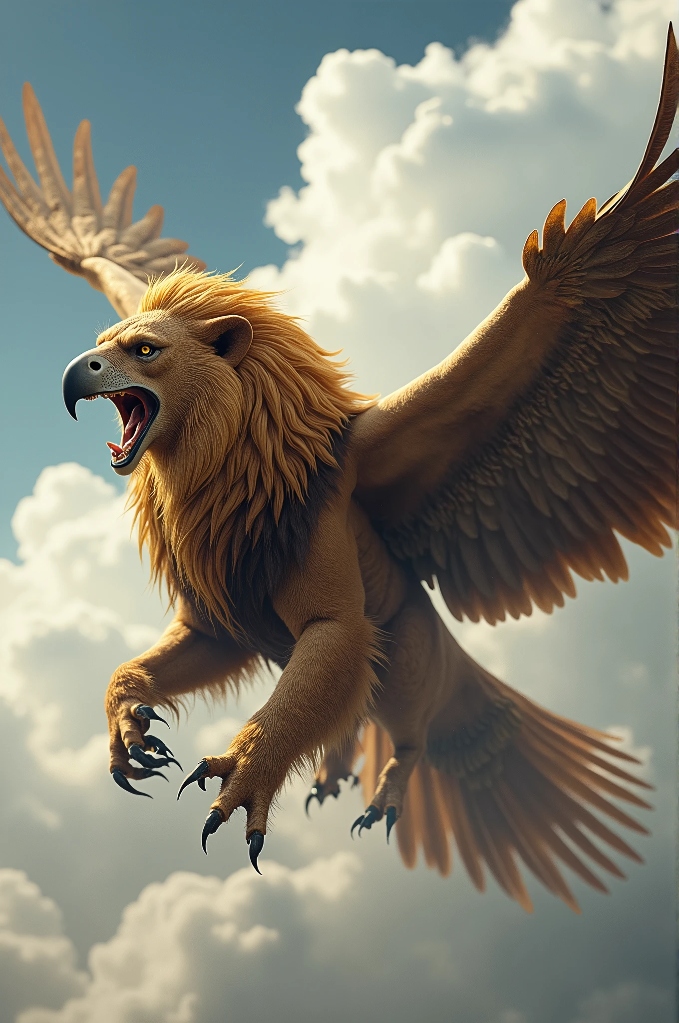 Lion + Eagle A majestic creature with the powerful body of a lion and the impressive wingspan of an eagle. It has a golden mane and sharp talons, enabling it to soar through the sky and strike with precision. --ar 9:16