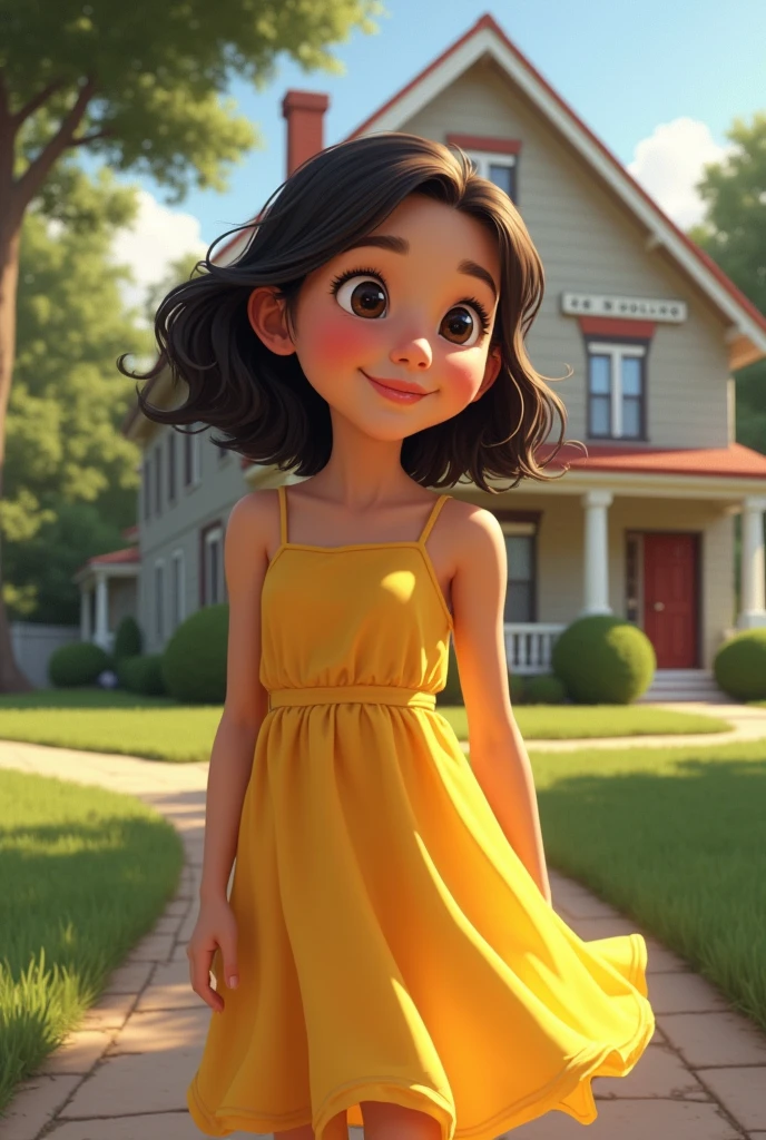 A girl wearing yellow sleeveless frock standing outside a house with address written in name plate was 
dorling 
number 46
