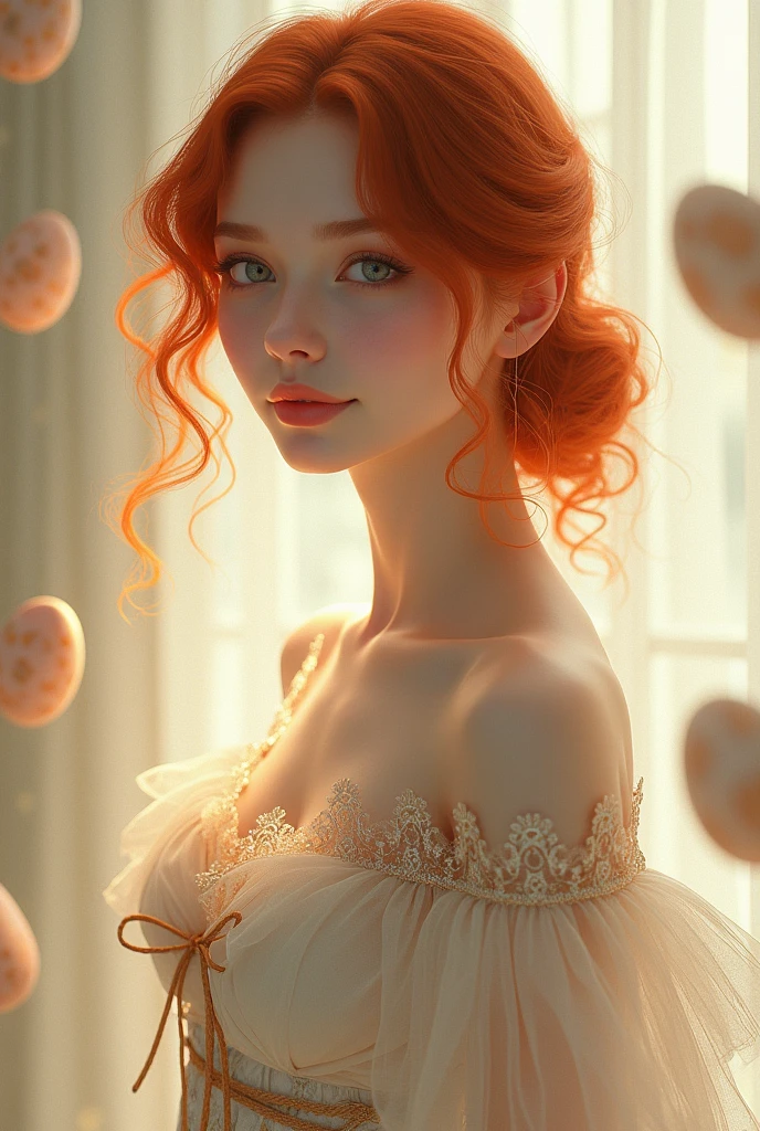 The image features a woman with vibrant red hair, that fall in gentle waves up to your shoulders. Your skin is clear, with a very white and delicate tone. She displays a gentle and sweet expression, with a gentle smile and bright eyes that convey a sense of tenderness and calm.
The woman is dressed in an elegant yellow dress, adorned with egg prints, that are designed in an artistic and sophisticated way. The dress is fluid and flowing, with a cut that highlights its gracefulness. The egg prints are subtle and creative, with delicate details that add a playful and charming touch to the piece. The dress has a refined finish, with details such as bows or embroidery that accentuate its beauty.
She wears a thin, transparent cape that adds an ethereal element to her presence.. The cape flows smoothly behind her, with a slight glow that suggests a magical or dreamy aura. The scenery in the background is soft and harmonious., complementing the central figure without taking the focus away from it.
Make sure the image conveys a sense of softness and charm., capturing the beauty and sweetness of the character.
