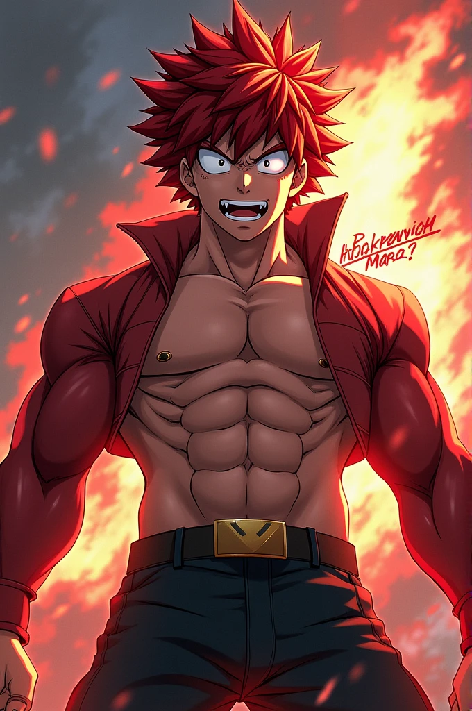 Enji Todoroki from My Hero Academia in anime style, I feel the manga, quality, shirtless, with scars, 