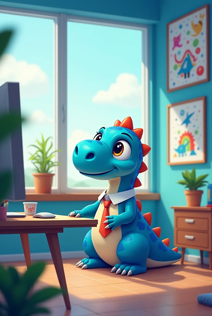create a cute chubby baby dinosaur working with marketing in the office with blue colors disney style