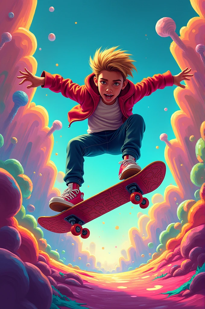 Make me an image of kick buttowski doing stunt on his skateboard with funky background