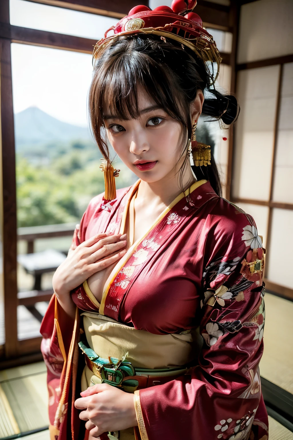 (8k、Raw photo、highest quality、masterpiece:1.2)、(realistic、Photoreal)、1 girl、(Curly Hair),(Wearing a Japanese kimono,Emphasizing the breasts,Flashy kimono,Oiran:1.7),(upper_body:1.5),perfect skin,detail skin,(Embarrassed face:1.6)