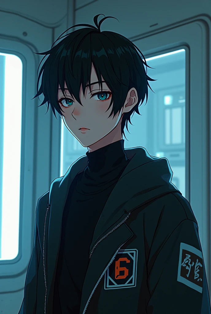 Anime boy, cyberpunk, in room, from head to waist ,boy, logo, black hair, looking smart, for dp,
Young, mature