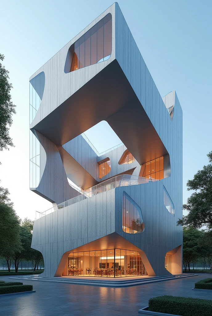 Building in the shape of a rhombus and another rhombus in the center, with glass for natural lighting, which is functional on two floors and with open spaces