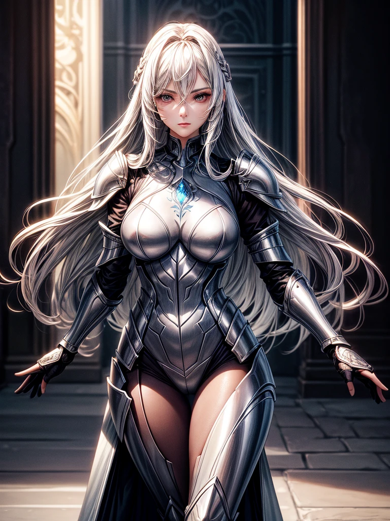 Create an image of a beautiful woman with light-colored hair, shown in a full-body view. She is wearing a metallic iron armor with a design that is highly detailed and somewhat sexualized, emphasizing her curves while still functioning as armor. The armor should have a sleek, form-fitting look with intricate engravings and reflective surfaces. Her hair flows elegantly around her shoulders, contrasting with the hard, polished metal. The overall aesthetic should blend fantasy elements with a realistic style, highlighting both her beauty and the strength of the armor