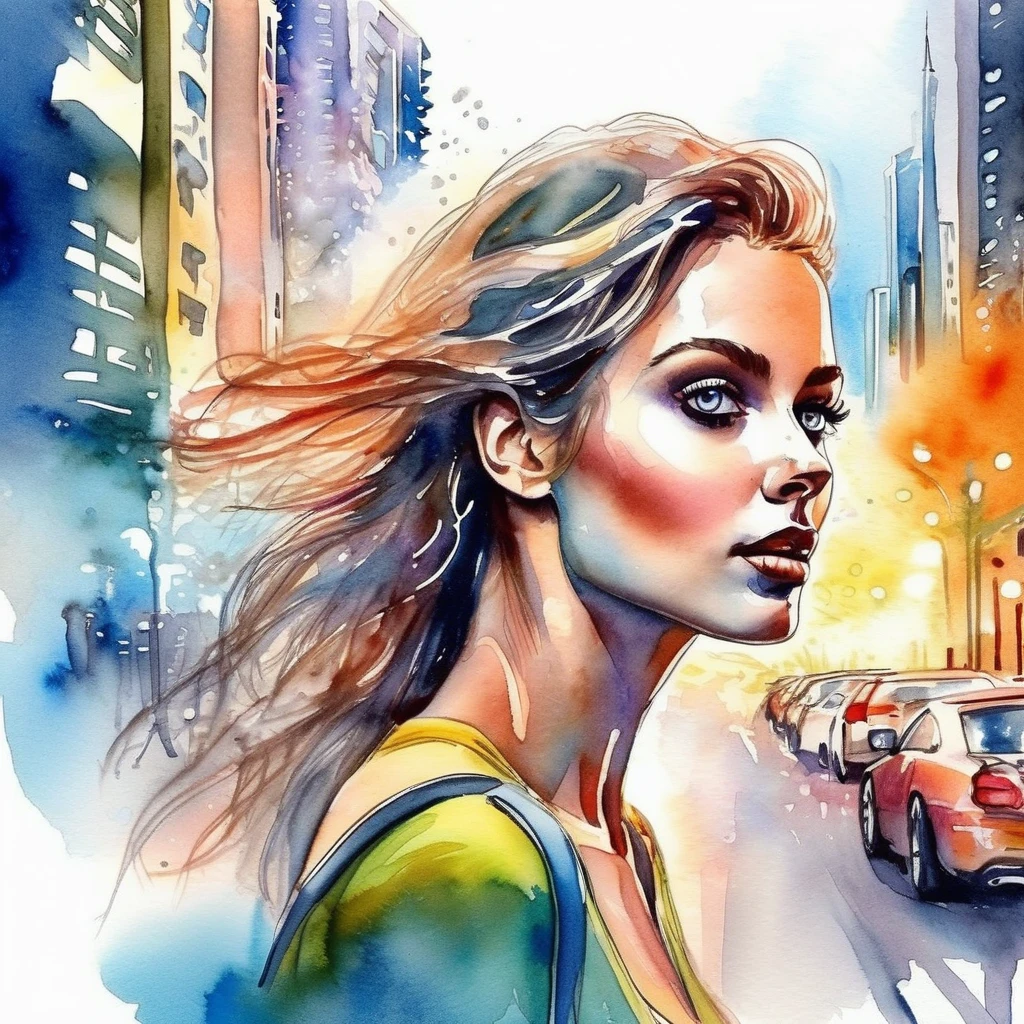 Watercolor Hand Drawing, colorfully, beautiful woman walking through a futuristic cityscape, seductive and sexy look, A hyper-realistic, cinematic lighting, delicate detail, highly detailed face and eye, work of art, adorable, surprising, exotic, captivating, polished, Great, terrific, bright coloured, Hair lighting, bulky lighting, 8k, perfects eyes, expressive eyes, Smoke particles fx, mist, bokeh