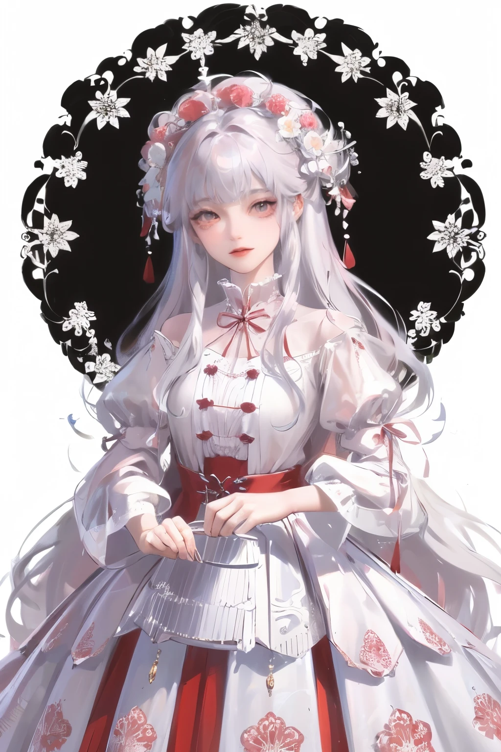 masterpiece, best quality, 1 girl, solitary, long_hair, Watch_exist_Viewer, white hair, Red Eyes, Smile, Bangs, skirt, shirt, long_sleeve, hexist, skirt, bow, Keep, closure_Mouth, flower, Ruffles, hair_flower, flower瓣, flower束, Keep_flower, center_Ruffles, cap, Keep_flower束, Tai Chi E, whole body, White background,  