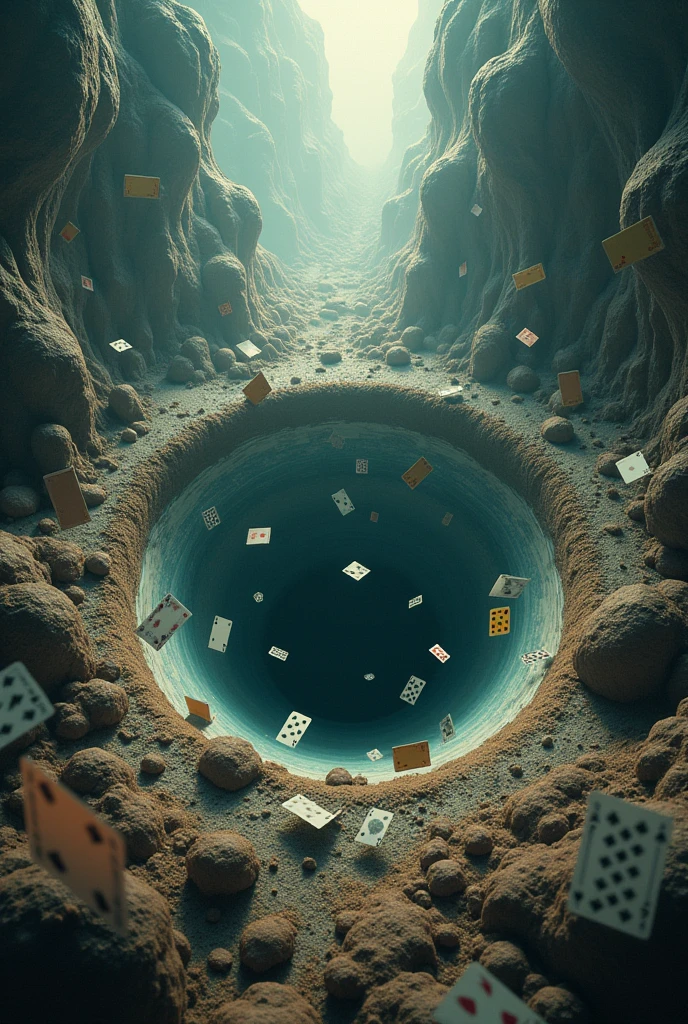 A movie poster, with a hole in the ground seen from above, with falling objects, like clockwork, textbooks, cabinets, tables and etc.. And playing cards
