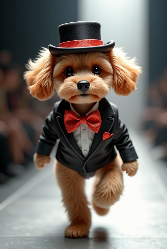 Create a scene where an adorable purebred puppy is dressed in a fashionable outfit using a stocking and bow tie in the latest color, and a top hat on his head in fashionable couture and a matching hat on his head as he walks confidently down the runway, smiling, showing off his ultra-realistic fashion sense. camera in motion