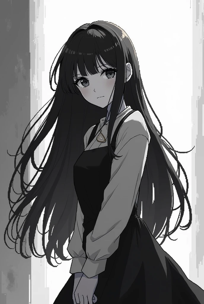 anime girl pixel art black and white with long hair full length 48x48 px