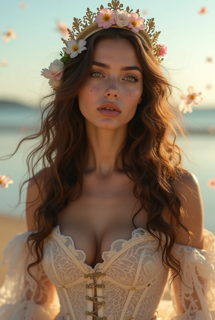 BRUT, analog, Nikon Z 85mm, photographie glamour primée,((best quality)), ((head of'artwork)), ((realistic)), 18ème siècle, image vintage, Stunning French woman wearing, lace dress and corset, wear a crown, 2, (Brown curly long hair), des yeux noisette, small perky breasts, sitting outside on the beach, , ((smalll breasts)), innocent, pedal flowers in the air, (freckled:0.6), intricate details, very detailed, sharpness, professionnel, 4K, fleurs de printemps qui s'flourish, Dieu rayons, hand model, beautiful blue eyes, , delicate, innocent,high resolution, detailed facial features, high details, sharpness, smooth, Aesthetic, extremely detailed, photo_\(ultra\), photorealistic, realistic, Post-traitement, maximum detail, roughness, real life, ultra realistic, photorealism, la photographie, 8k uh, la photographie, SEMI-SILHOUETTE Light, Russian face
