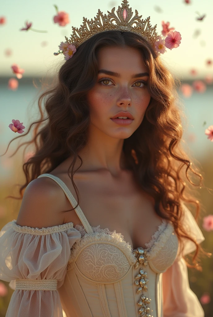 BRUT, analog, Nikon Z 85mm, photographie glamour primée,((best quality)), ((head of&#39;artwork)), ((realistic)), 18ème siècle, image vintage, Stunning French woman wearing, lace dress and corset, wear a crown, 2, (Brown curly long hair), des yeux noisette, small perky breasts, sitting outside on the beach, , ((smalll breasts)), innocent, pedal flowers in the air, (freckled:0.6), intricate details, very detailed, sharpness, professionnel, 4K, fleurs de printemps qui s&#39;flourish, Dieu rayons, hand model, beautiful blue eyes, , delicate, innocent,high resolution, detailed facial features, high details, sharpness, smooth, Aesthetic, extremely detailed, photo_\(ultra\), photorealistic, realistic, Post-traitement, maximum detail, roughness, real life, ultra realistic, photorealism, la photographie, 8k uh, la photographie, SEMI-SILHOUETTE Light, Russian face