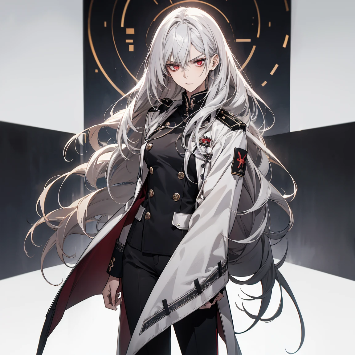 (Confused, High resolution, Very detailed), 1 female, Silver Hair,Long Hair,Bright red eyes,White and black military uniform,27th generation,beauty,mature,thin,quiet,Calm,Stern face,Frowning,Long coat,Slender and thin,boots,skinny pants,observatory,Small breasts,