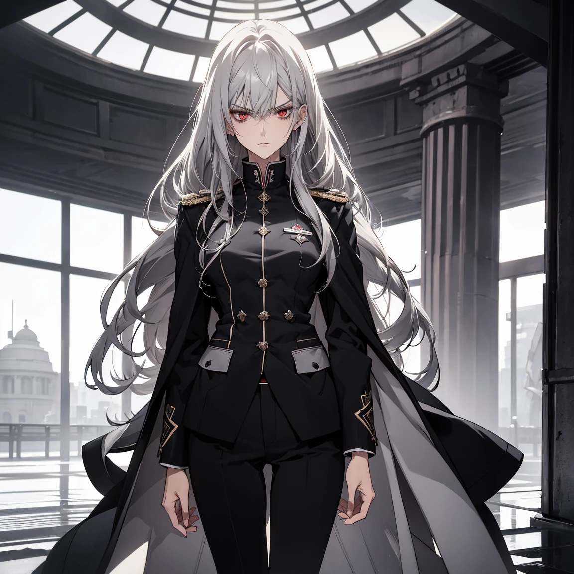 (Confused, High resolution, Very detailed), 1 female, Silver Hair,Long Hair,Bright red eyes,White and black military uniform,27th generation,beauty,mature,thin,quiet,Calm,Stern face,Frowning,Long coat,Slender and thin,boots,skinny pants,observatory,Small breasts,
