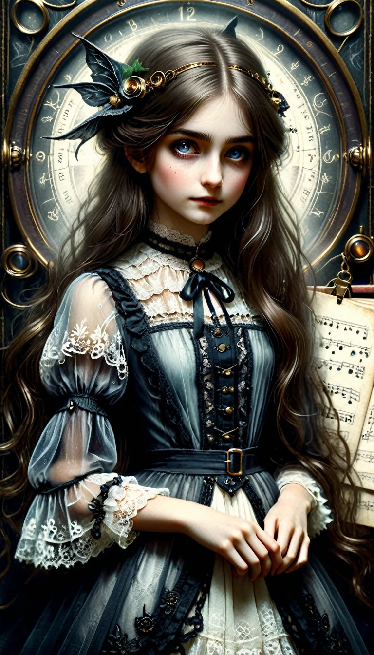 À la Fed picture of a girl in a white lace dress and Leonardo da Vinci notes background, Young and ethereal beautiful figure, Portrait of a magical girl, Portrait of a young witch girl, Girl wearing steampunk clothes, Musician girl in lace dress, Natalia Dyer, daphne keen, Portrait of a young witch, a girl with magical powers, Inspired by Irakli Nadal, Inspired by William Muster Lockhart, top quality, detail, detail, masterpiece, High image quality  