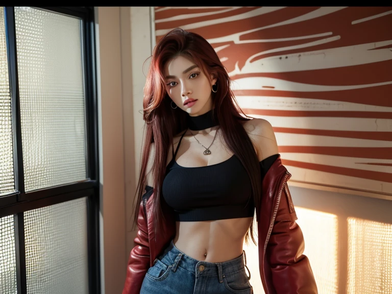 (masterpiece, best quality, 1 girl, solo, intricate details, chromatic aberration), realistic, ((medium breath)),long hair, red hair, red decoration on the head, pink highlights, amber eyes, earrings, sharp eyes, necklace, neon shirt, ripped shorts, unbuttoned jacket, turtleneck, night, against the wall, brick wall, graffiti, dim lighting, alley, look at the viewer