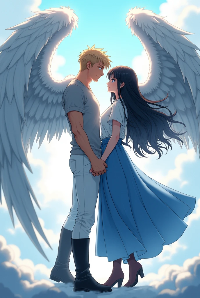 man, blond with brown eyes, beautiful body, gray t-shirt, white pants, Beautiful face, black boots, Large angel wings, stretches out his hands to a girl with black long hair, blue eyes, in a white shirt and a long blue skirt, with brown boots, with large English wings., anime art, masterpiece, realistically, professional photo , super detail