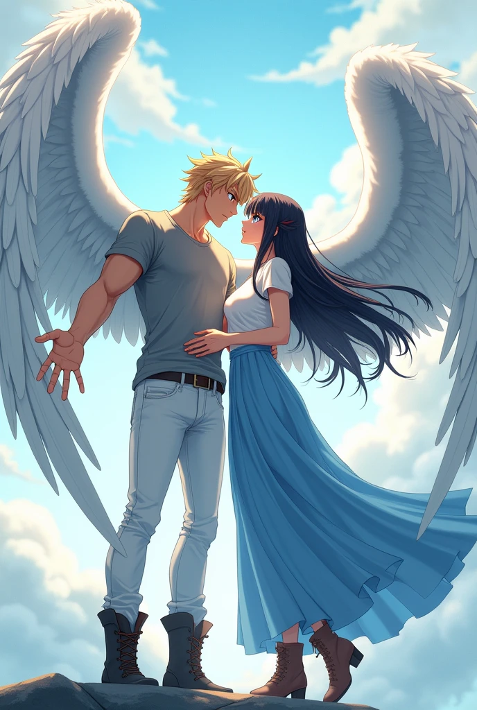 man, blond with brown eyes, beautiful body, gray t-shirt, white pants, Beautiful face, black boots, Large angel wings, stretches out his hands to a girl with black long hair, blue eyes, in a white shirt and a long blue skirt, with brown boots, with large English wings., anime art, masterpiece, realistically, professional photo , super detail