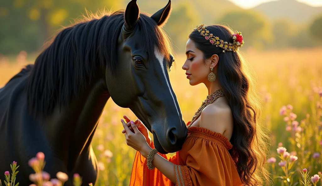 a beautiful roma woman, in a spring meadow, gently caresses a beautiful, fine-bred, jet-black Arabian steed, with long manes, Very beautiful and detailed image, perfect lighting
