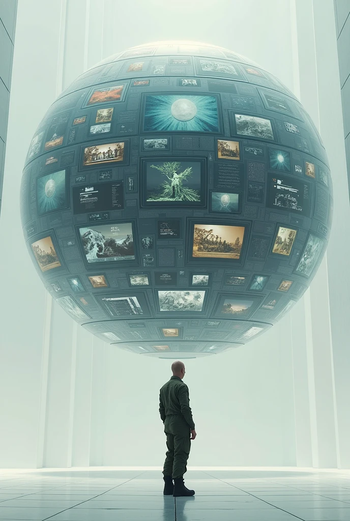 floating sphere full of technological screens each with different images, and a bald man dressed in modern military green overalls on the side and outside of that sphere looking at her