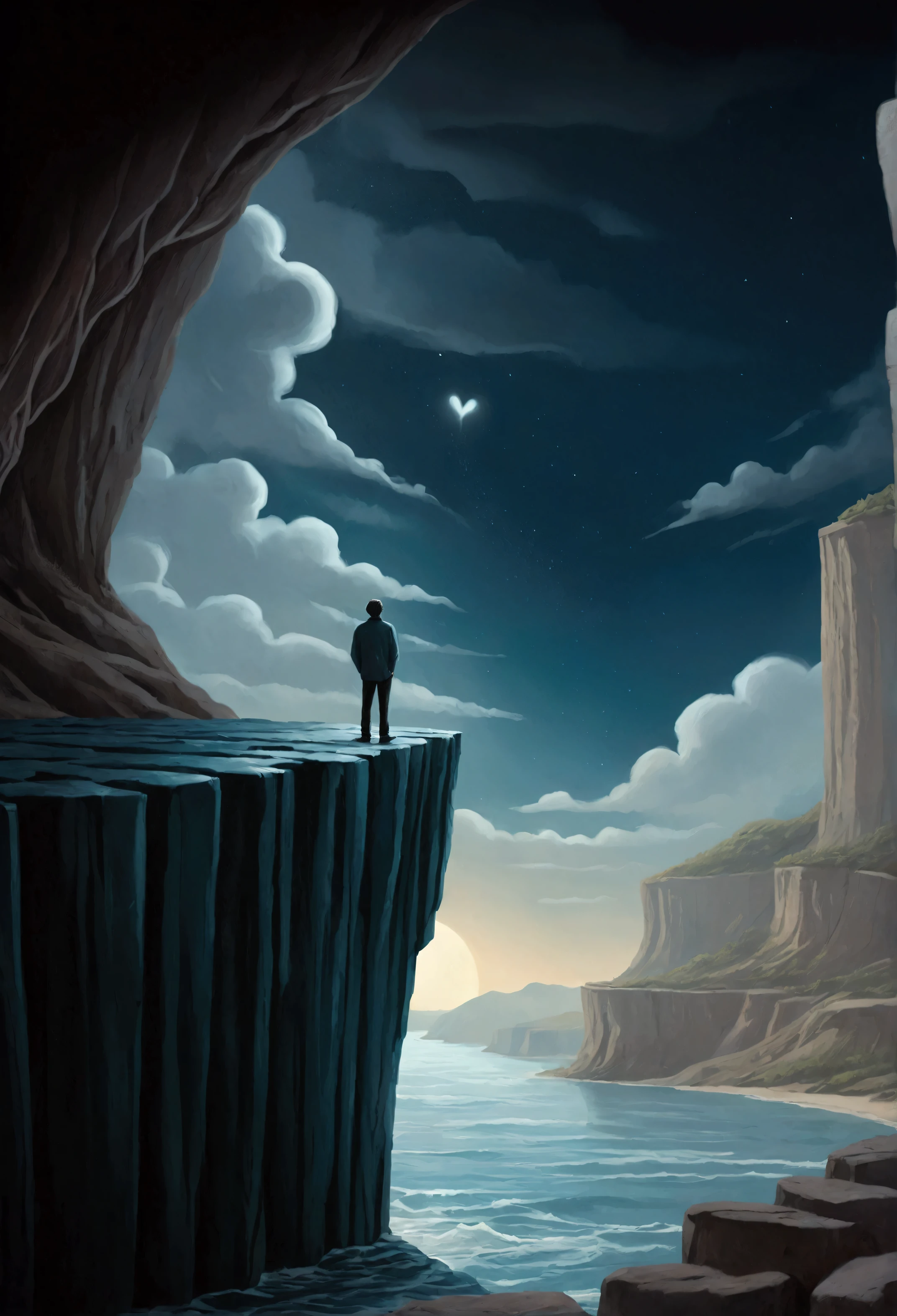 A deeply emotional and surreal illustration capturing the essence of heartbreak and separation. The scene is set on the edge of a towering cliff, with a figure standing alone, looking out into a vast, dark abyss. The figure, representing the singer, is partially in shadow, symbolizing the emotional pain and confusion. Their hand is outstretched, as if reaching for someone who has already let go, with the faint silhouette of a distant figure fading away in the background, symbolizing the lost connection.
Above the abyss, a vast night sky is filled with swirling dark clouds, reflecting the inner turmoil. In the sky, faint outlines of memories are visible—two hands once held together, now separated, echoing the lyrics. The stars are dim, as if the light has been drained from the world.
In the foreground, there is a bookshelf with a heart encased in glass, symbolizing the love that has been 'put on a shelf.' The heart is cracked, and vines have begun to grow around it, signifying the passage of time and the process of letting go.
A single tear falls from the figure’s eye, transforming into a small river that flows off the edge of the cliff, representing the lingering sadness. In the distance, a path can be seen leading away from the cliff, symbolizing the journey the figure must now take alone.