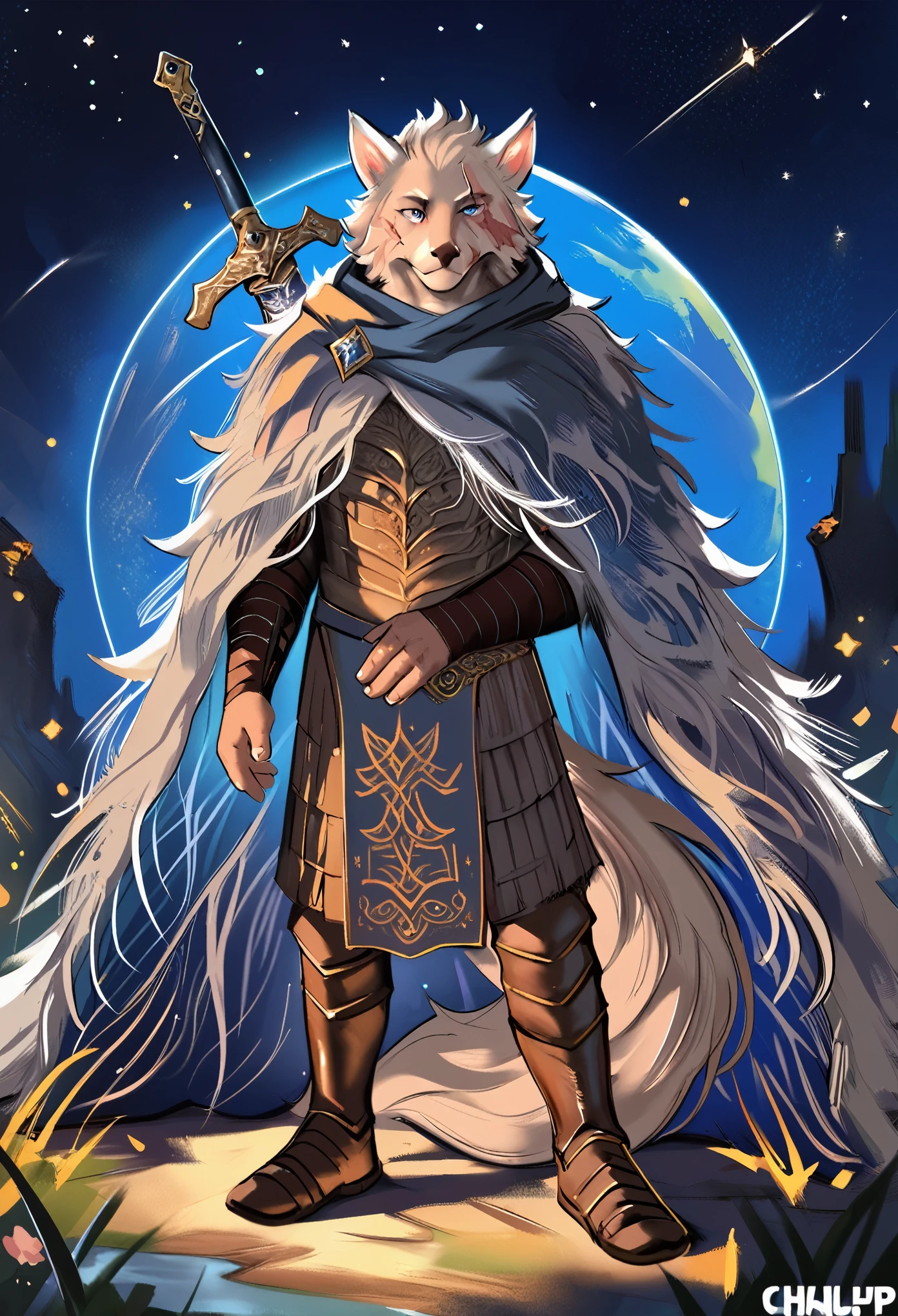 (by chunie and juiceps and zackary911 and klaide) solo, ((Blaidd/(Elden Ring))), fluffy, long tail, fluffy tail, dark ambient, stars, eye scar, male, sword, imponent posture, looking at viewer, score_9, score_8_up, score_7_up, score_6_up, score_5_up, score_4_up