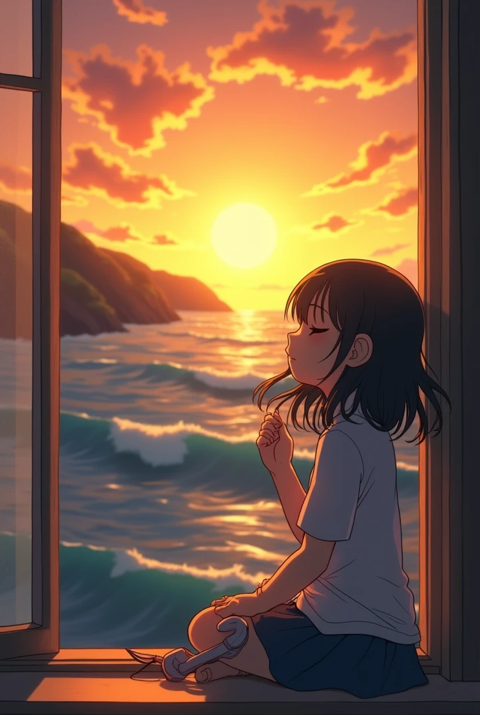 「A girl sitting by a window overlooking the sunset and waves。She holds the headphones in one hand、With his eyes half-closed, he looks like he&#39;s asleep。The girl is enjoying a calm atmosphere while listening to music、A pleasant breeze comes in through the window and stirs my hair。Outside the window、A beautiful yellow and orange sunset and waves spread out、It depicts a fantastic Ghibli-style landscape.。」