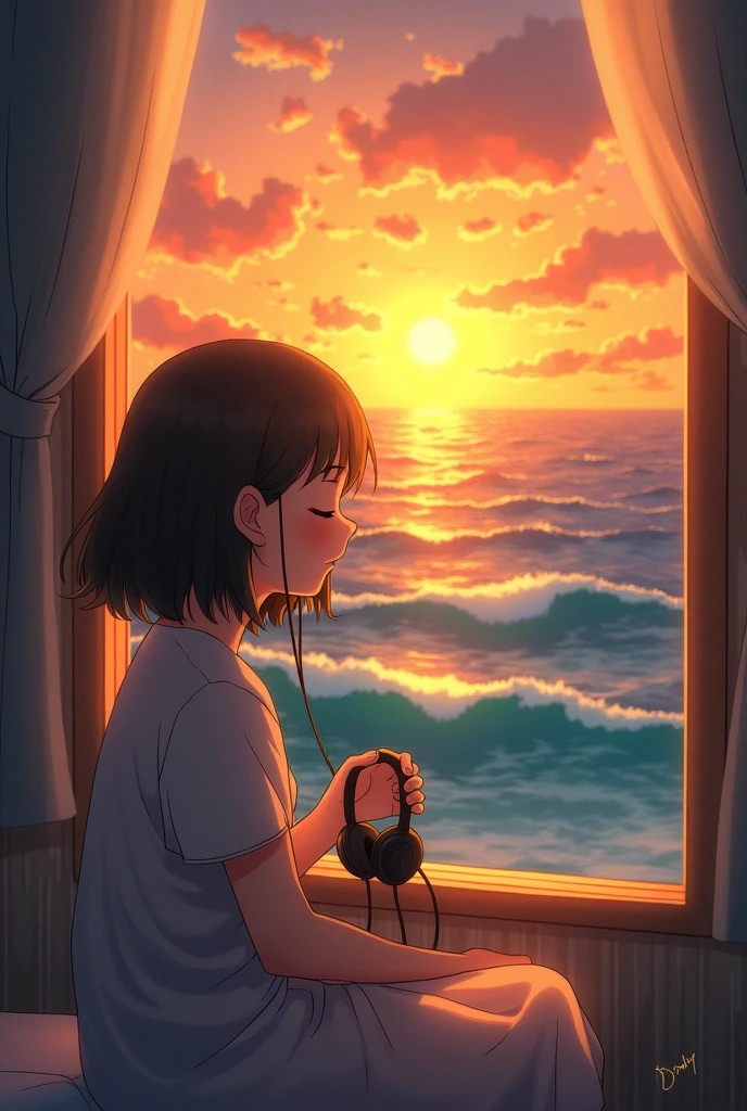 「A girl sitting by a window overlooking the sunset and waves。She holds the headphones in one hand、With his eyes half-closed, he looks like he&#39;s asleep。The girl is enjoying a calm atmosphere while listening to music、A pleasant breeze comes in through the window and stirs my hair。Outside the window、A beautiful yellow and orange sunset and waves spread out、It depicts a fantastic Ghibli-style landscape.。」